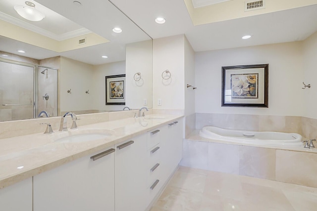 2650 Lake Shore Dr Unit 703, Riviera Beach, FL 33404 - bathroom featuring a sink, visible vents, ornamental molding, and a stall shower