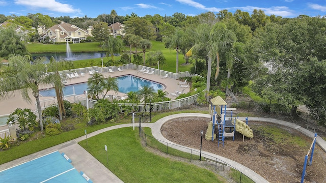 drone / aerial view featuring a water view