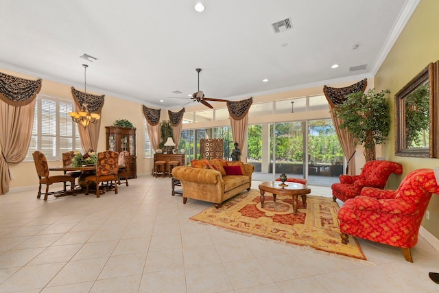 living room featuring light tile patterned floors, visible vents, and ornamental molding