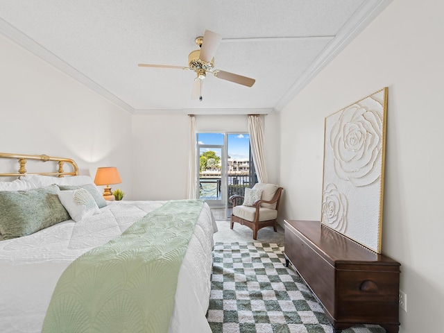 bedroom with access to exterior, ceiling fan, and ornamental molding