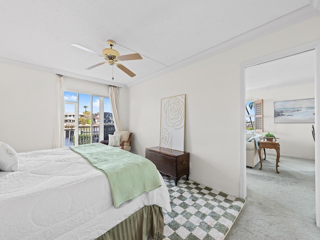 bedroom with light colored carpet, ceiling fan, and crown molding