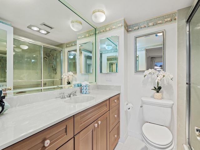 bathroom with vanity, visible vents, a stall shower, tile patterned flooring, and toilet