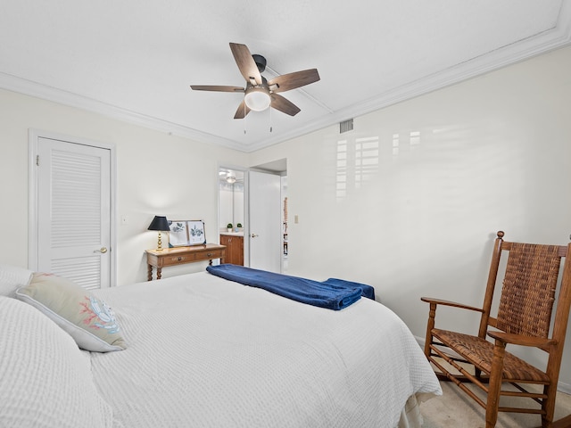 bedroom featuring visible vents, a ceiling fan, and ornamental molding