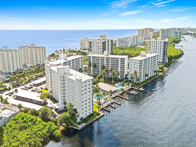 aerial view featuring a water view and a view of city