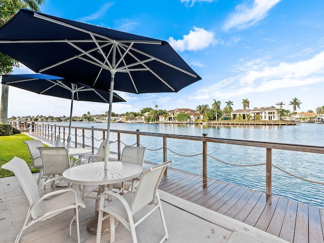 dock area with outdoor dining area and a water view