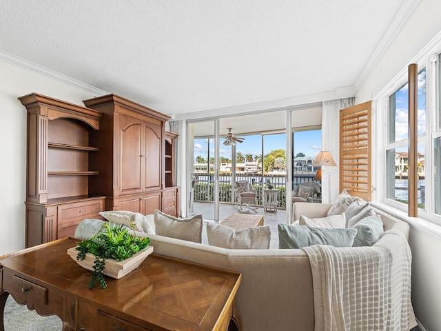 living area with a healthy amount of sunlight, a wall of windows, a textured ceiling, and crown molding