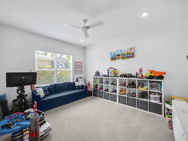 game room with carpet, recessed lighting, and a ceiling fan