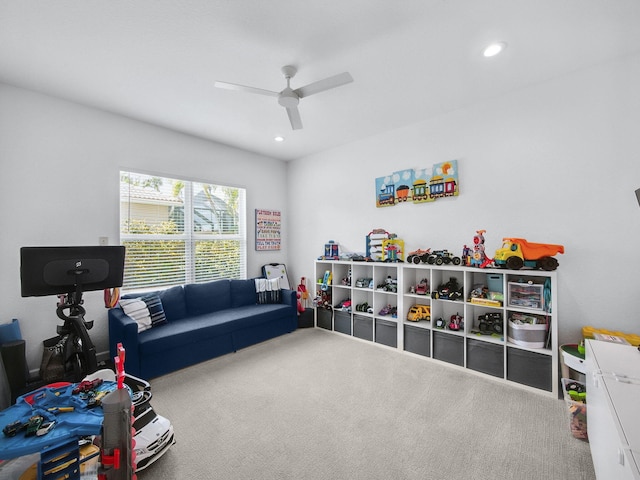 recreation room featuring a ceiling fan, carpet floors, and recessed lighting