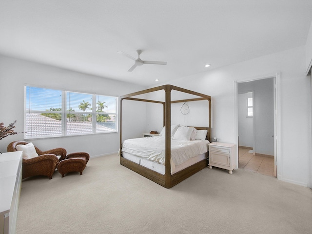 bedroom with recessed lighting, ceiling fan, baseboards, and light carpet