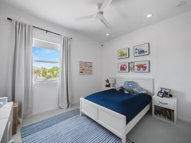 carpeted bedroom with recessed lighting, baseboards, and a ceiling fan