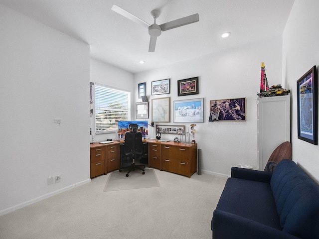 office area featuring recessed lighting, baseboards, light colored carpet, and a ceiling fan