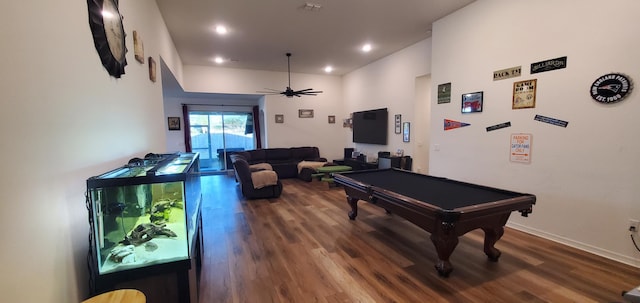 rec room with baseboards, a ceiling fan, wood finished floors, and billiards