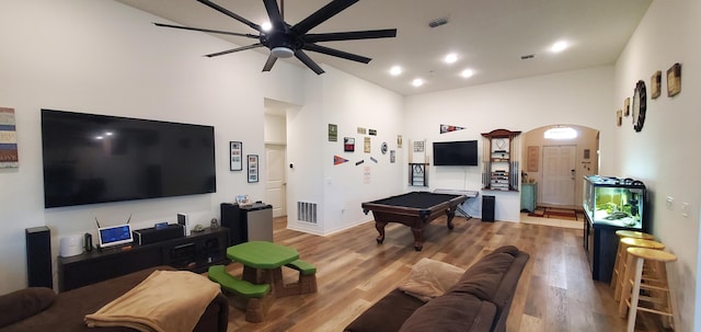 game room with arched walkways, visible vents, pool table, and a ceiling fan