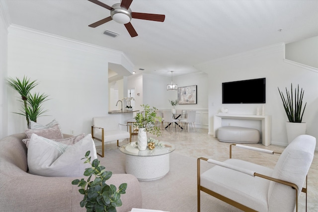 826 Dakota Dr Unit 105, Jupiter, FL 33458 - living room featuring a ceiling fan and ornamental molding