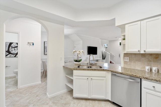 826 Dakota Dr Unit 105, Jupiter, FL 33458 - kitchen featuring dishwasher, open shelves, a sink, light stone counters, and white cabinetry
