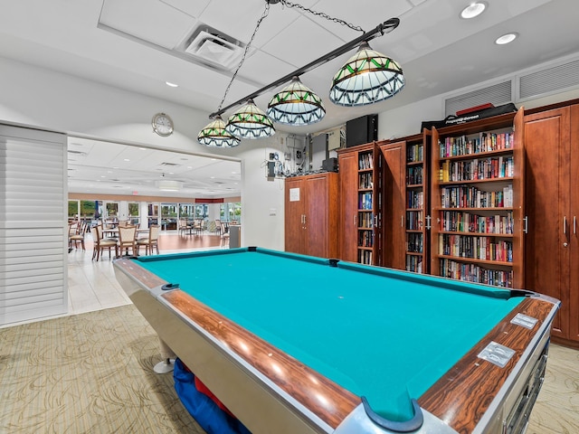 game room featuring billiards, recessed lighting, and visible vents
