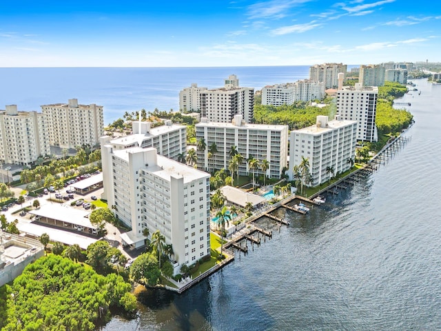 bird's eye view featuring a water view and a city view