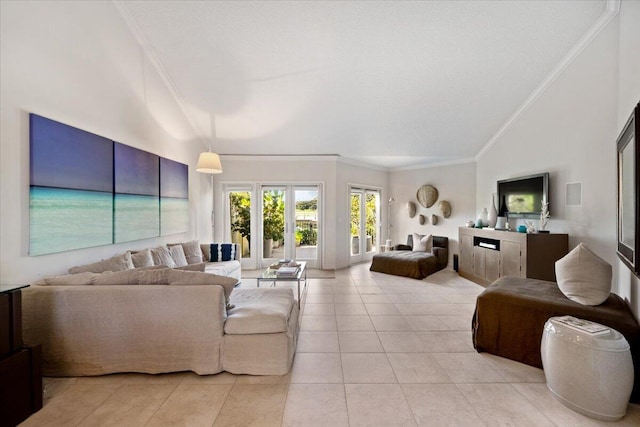 living room with light tile patterned floors, high vaulted ceiling, and crown molding