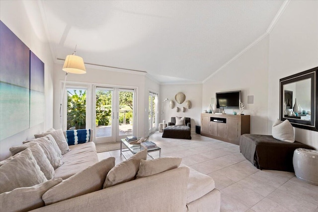 living room with french doors, high vaulted ceiling, light tile patterned flooring, and crown molding