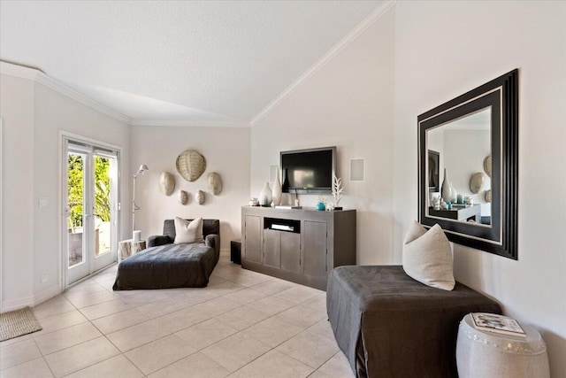 living area with light tile patterned flooring, ornamental molding, and vaulted ceiling