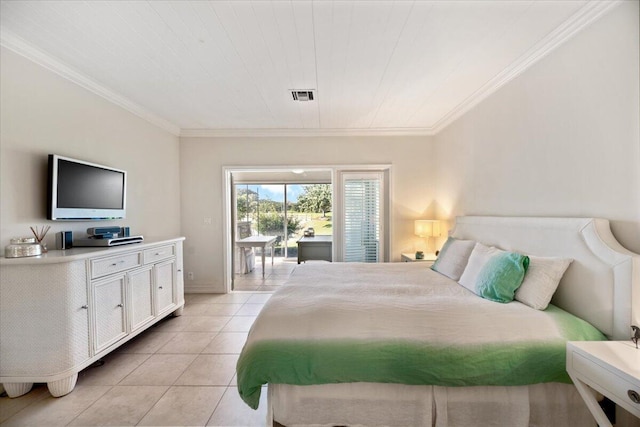 bedroom with access to exterior, visible vents, crown molding, and light tile patterned flooring