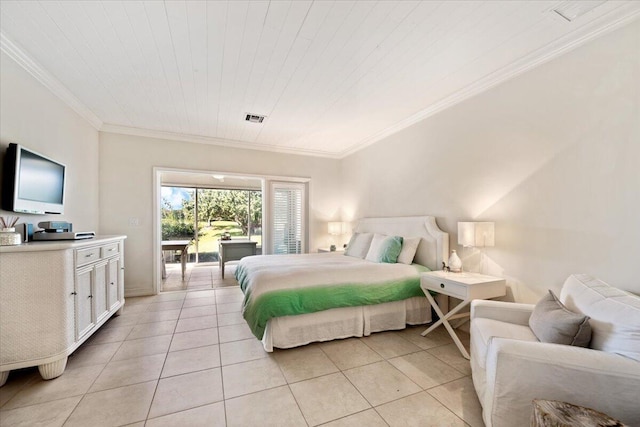 bedroom featuring light tile patterned floors, visible vents, wooden ceiling, and crown molding