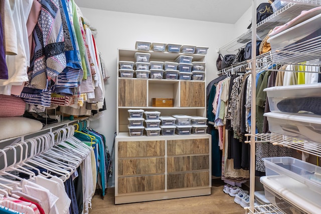 walk in closet with wood finished floors