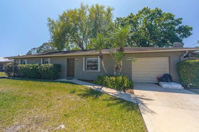 ranch-style home featuring stucco siding, concrete driveway, a front lawn, and a garage