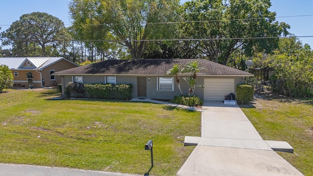 ranch-style house with concrete driveway, an attached garage, a front lawn, and stucco siding