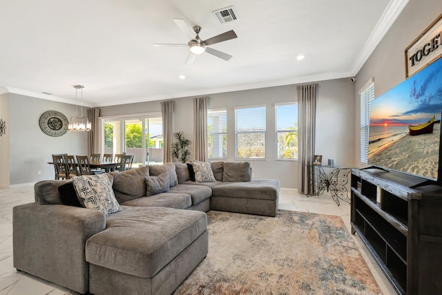 living area featuring visible vents, baseboards, ornamental molding, ceiling fan with notable chandelier, and marble finish floor