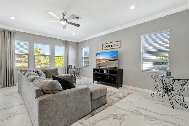 living area with a ceiling fan, crown molding, baseboards, and visible vents