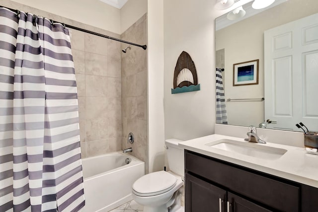 bathroom featuring vanity, shower / bath combination with curtain, and toilet