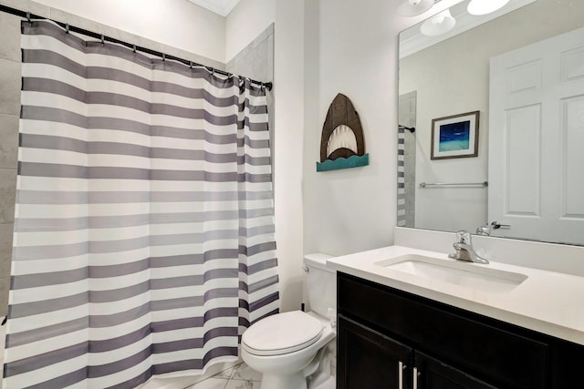 full bathroom with a shower with shower curtain, toilet, marble finish floor, and vanity