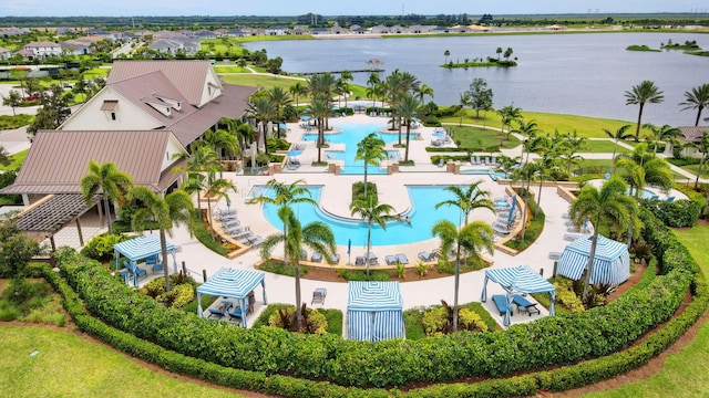 aerial view featuring a water view and a residential view