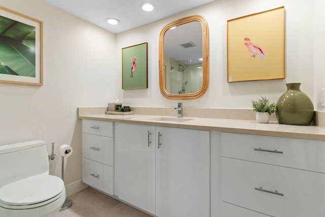 bathroom with a shower with shower door, visible vents, toilet, recessed lighting, and vanity