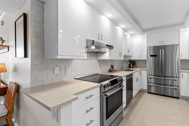 kitchen featuring under cabinet range hood, a sink, stainless steel appliances, light countertops, and decorative backsplash