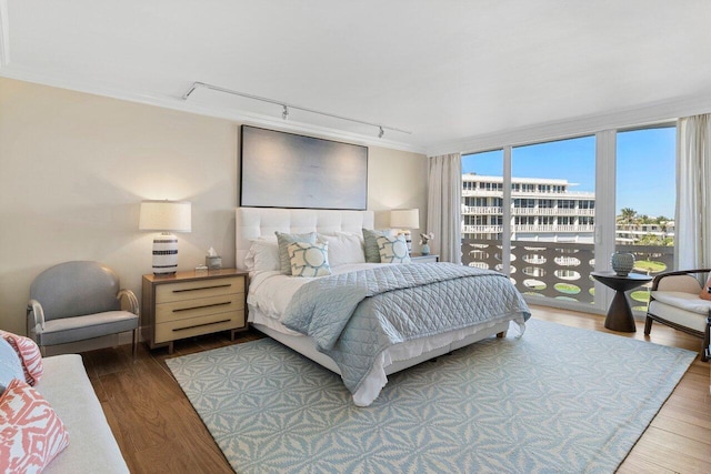 bedroom featuring access to outside, rail lighting, and wood finished floors