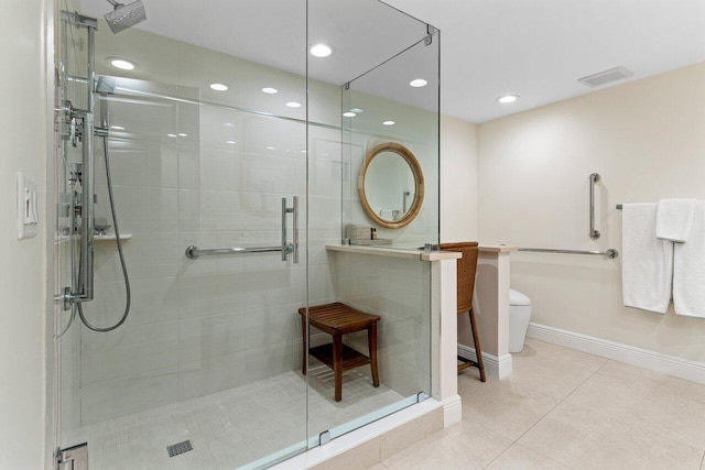 bathroom with tile patterned floors, visible vents, toilet, and a shower stall