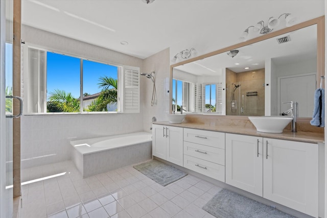 bathroom featuring a sink, double vanity, a bath, and a shower stall