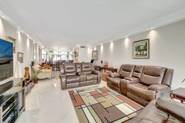 living area with light tile patterned floors, visible vents, and ornamental molding