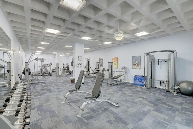 exercise room with carpet flooring, coffered ceiling, and a ceiling fan