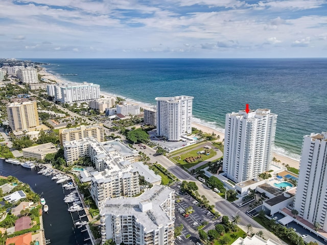 drone / aerial view featuring a water view and a city view