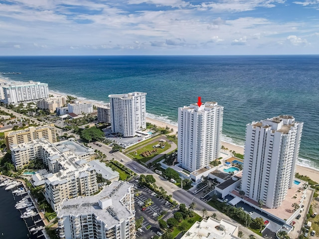 drone / aerial view with a water view and a view of city