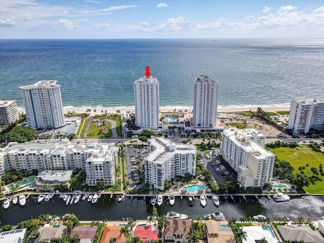 birds eye view of property with a water view and a view of city