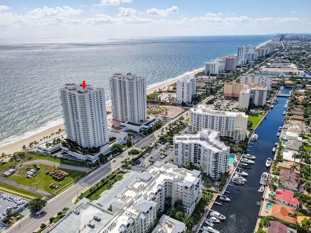 drone / aerial view featuring a city view and a water view