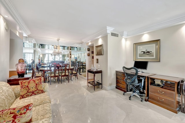 home office featuring visible vents, a notable chandelier, crown molding, light tile patterned floors, and baseboards