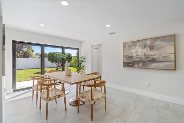 dining area with visible vents, recessed lighting, and baseboards