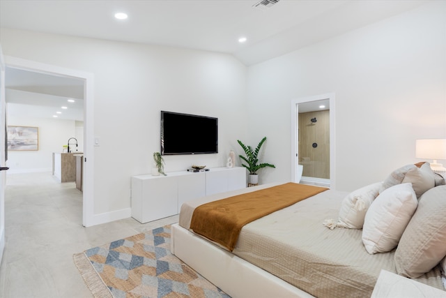 bedroom featuring recessed lighting, lofted ceiling, baseboards, and a sink