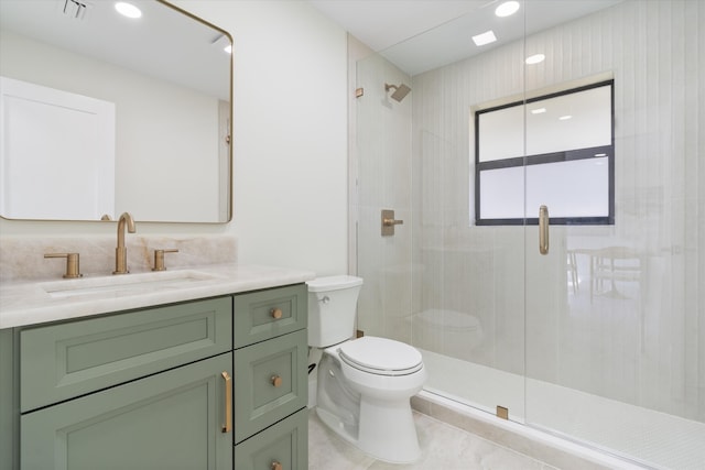 bathroom featuring vanity, a shower stall, toilet, and visible vents