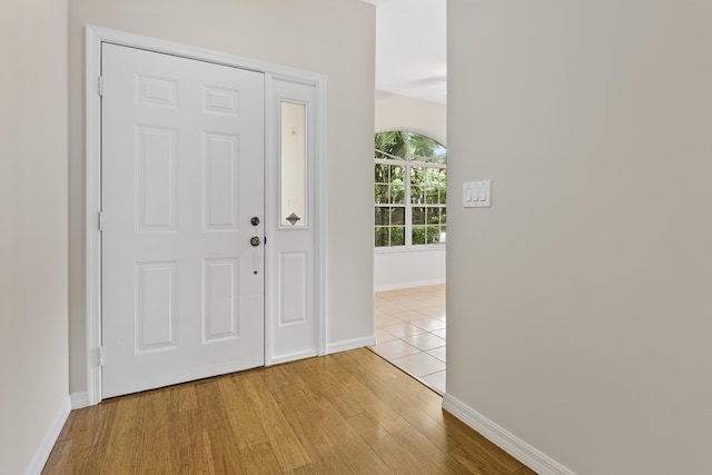 entrance foyer with baseboards and wood finished floors